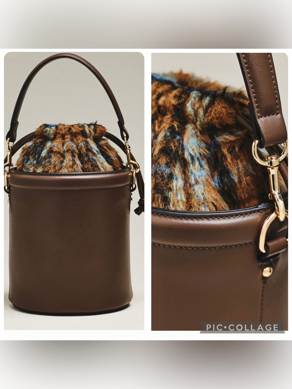 New Anthropologie Maeve faux leather cinched bucket bag w fabric brown blue